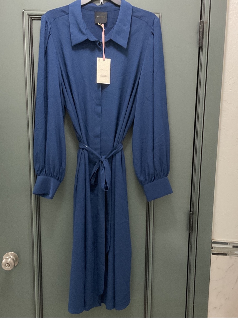 NWT Alex Marie Midnight Blue Midi Shirt Dress with Tie Waist
